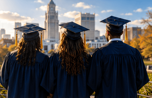 Graduates looking toward a city skyline